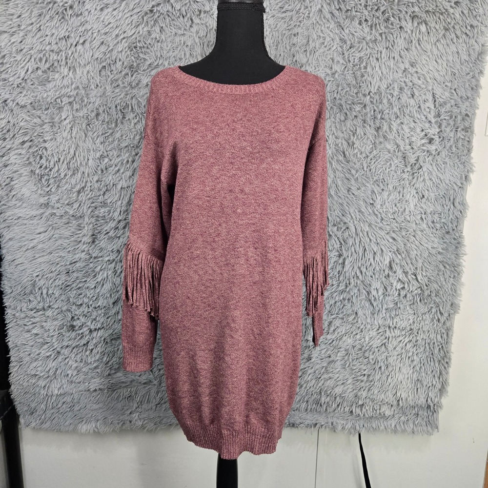 Kori America Sweater Dress Women Small Mauve Fringe Boho Knit B6207‎ Long Sleeve